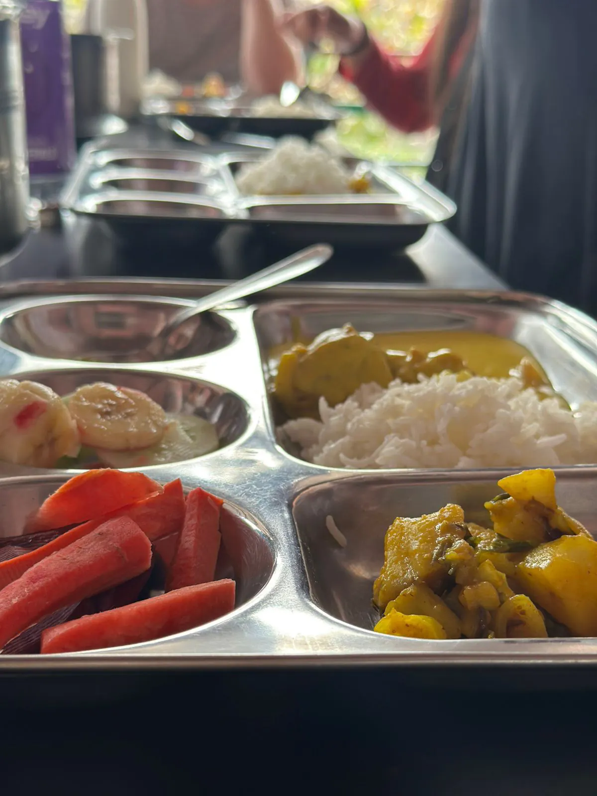 A steel thali with rice, curry and fruit